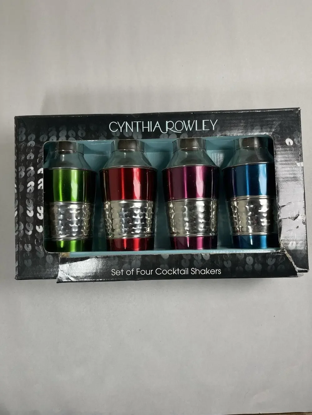Cynthia Rowley Set of 4 Mini Cocktail Shakers Hammered Metallic Multi-Color